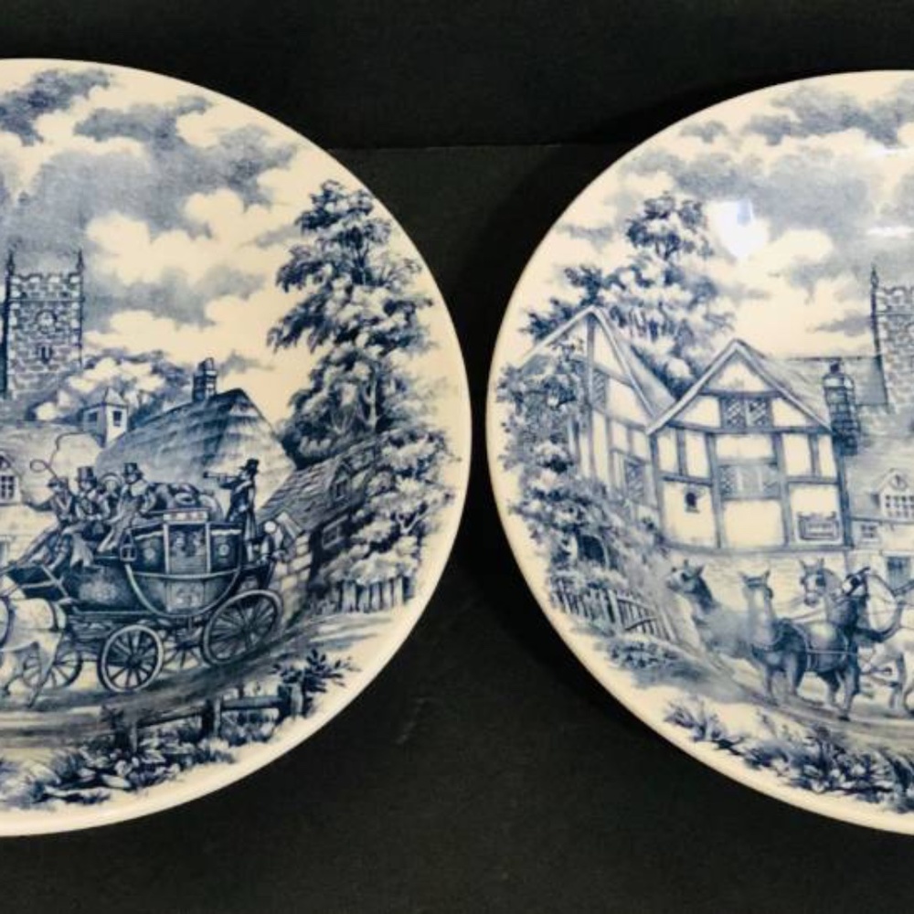Vintage Oxford Brazil Blue and White Stagecoach 8 5/8” Coupe Soup Bowls